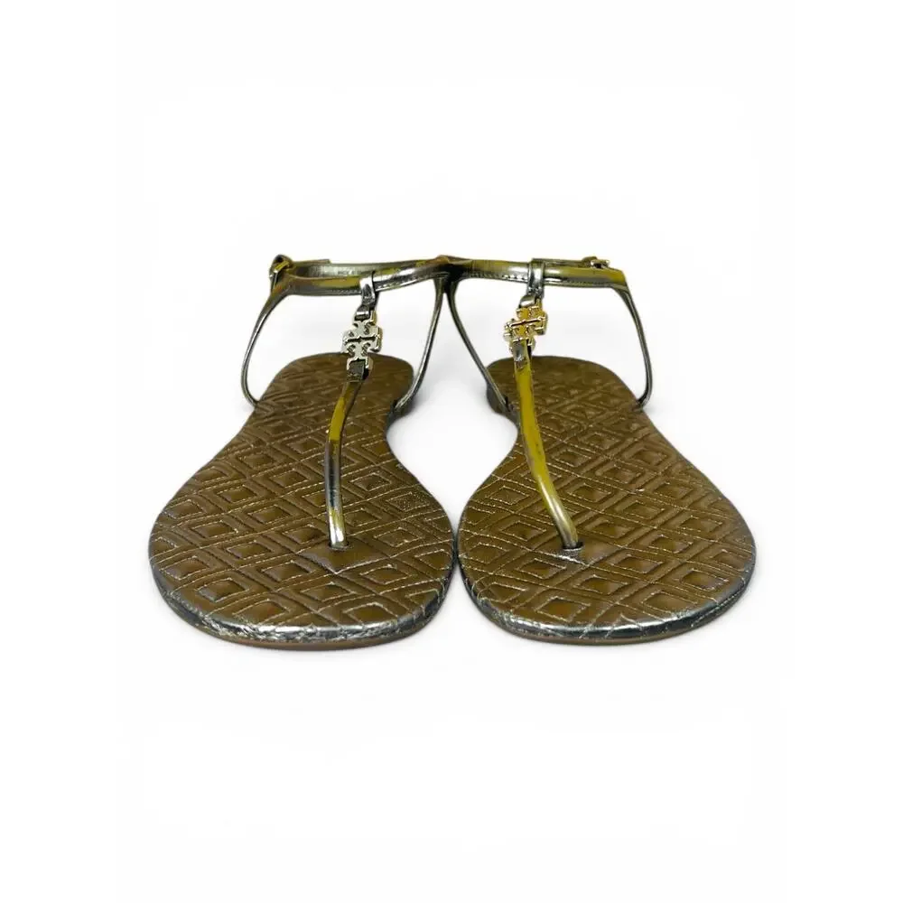 Tory Burch Marion Gold Metallic Quilted Leather Thong Sandals Logo Charm 9